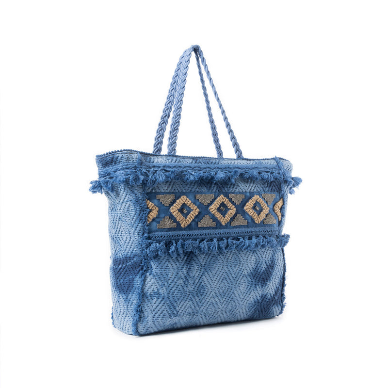 Azure Tribal Tassel Tote Bag