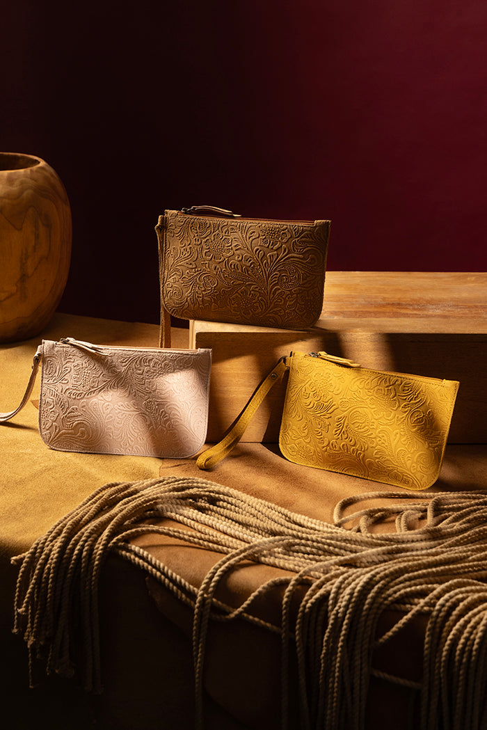 Heritage Scroll Clutch Bag In Mustard