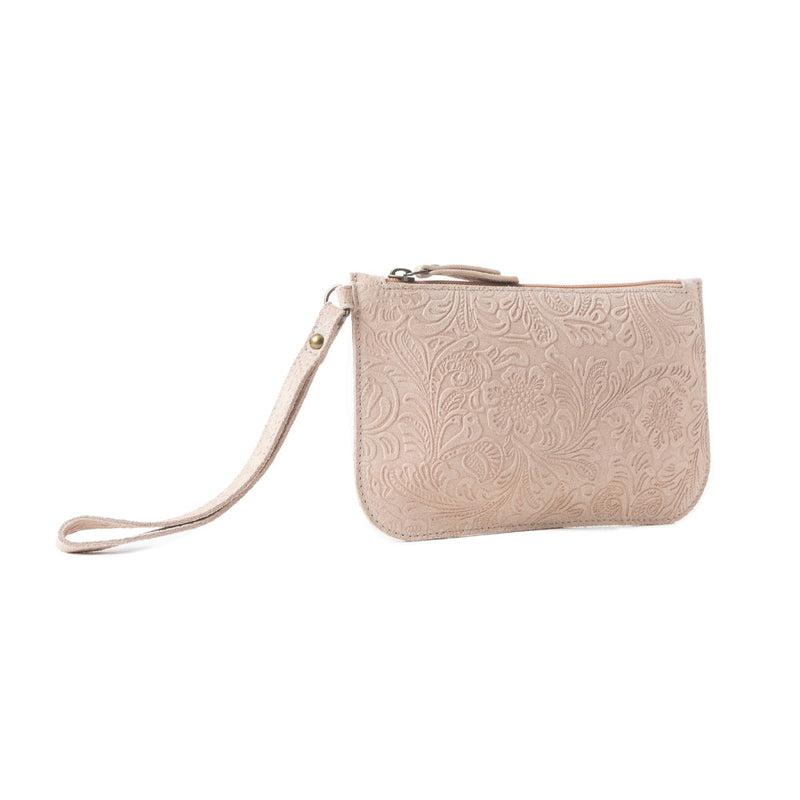 Heritage Scroll Clutch Bag In Beige