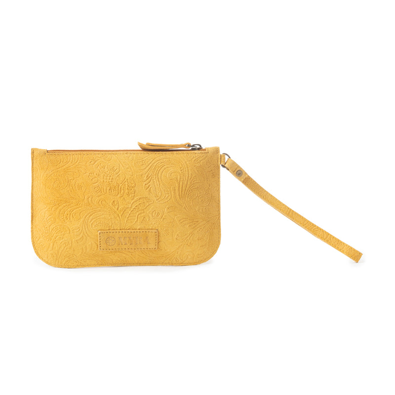 Heritage Scroll Clutch Bag In Mustard