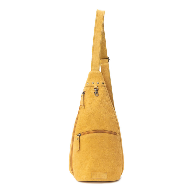 Marigold Scroll Sling Bag In Mustard