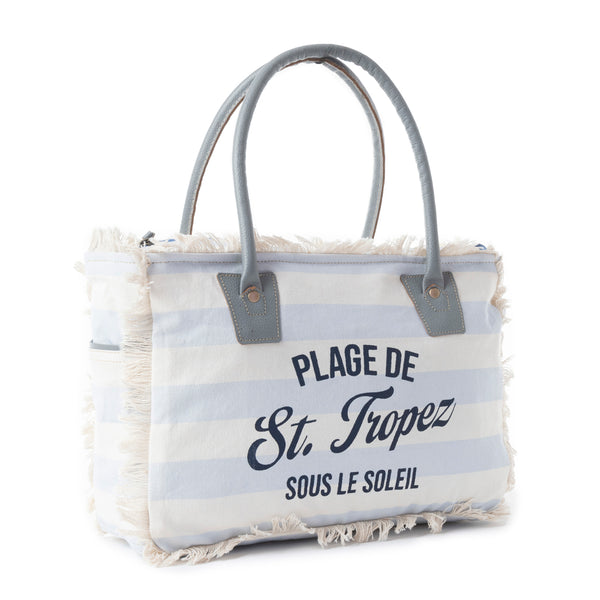 Saint Tropez Tote Bag In White & Sky Blue - Myra USA