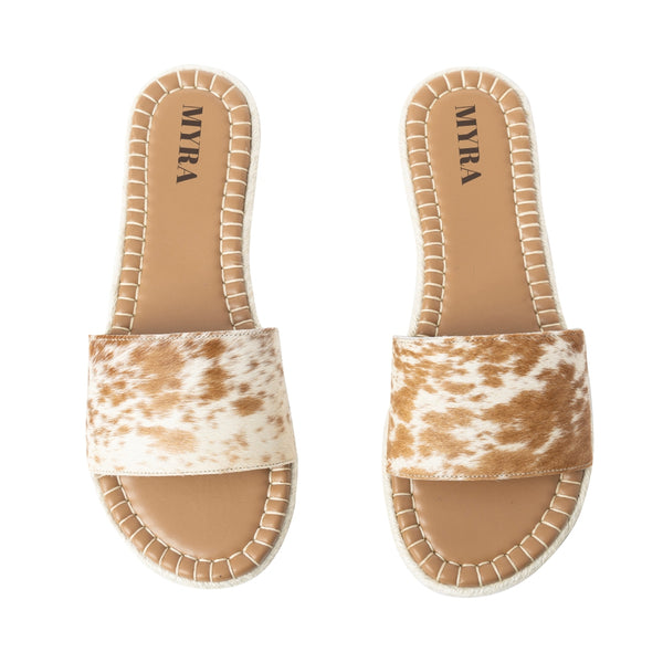Running Pony Sandals In Brown & White Hairon - Myra USA