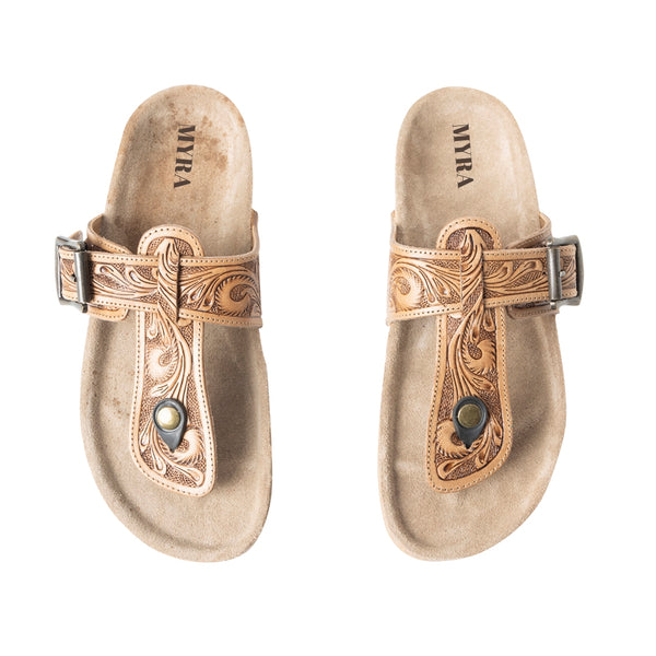Myra Balinda Ridge Hand-Tooled Leather T-Strap Flats for Women - Western Embossed Sandals with Cushioned Sole for Daily Comfort - Myra USA