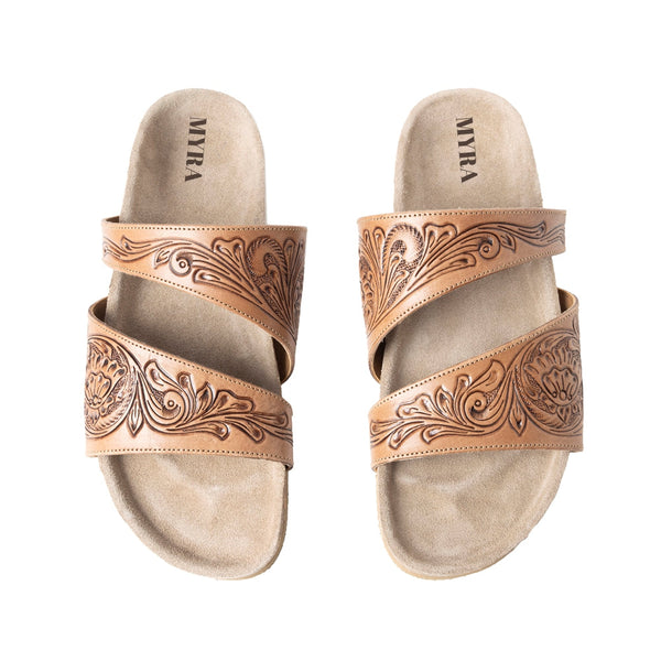 Myra Westward Wind Handtooled Leather Slide Sandals for Women – Cross-Strap Design with Soft Cork Sole for Cushioned Western Comfort - Myra USA