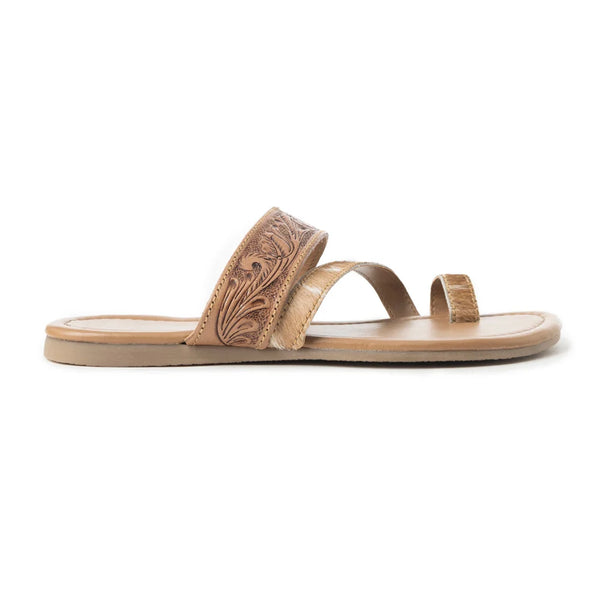 Myra LaDonna Trail Floral Handtooled Sandals for Women â€“ Beige Western Hairon Slip-Ons for Ranch Days & Rodeo Nights - Myra USA