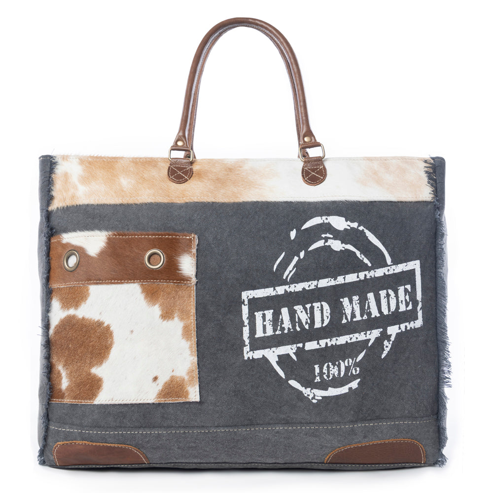 Myra Dakota Trail Hairon Leather Weekender Bag â€“ Handmade Canvas Print with Rustic Fringe Sides & Leather Handles - Myra USA