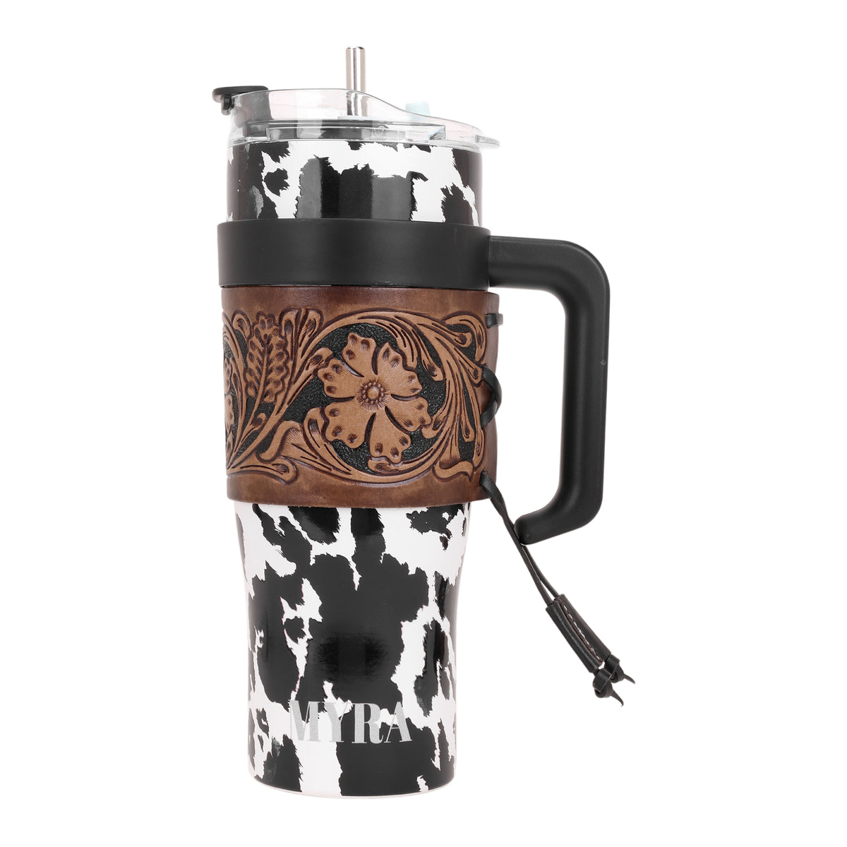 Myra Wide Wyoming Tumbler in black and white with cowhide print and tooled leather design for everyday use - Myra USA