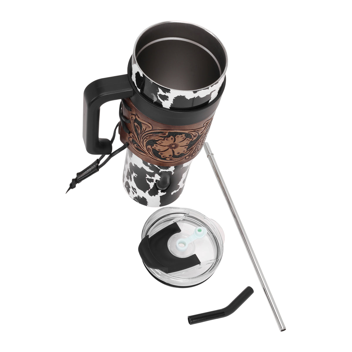 Myra Wide Wyoming Tumbler in black and white with cowhide print and tooled leather design for everyday use - Myra USA