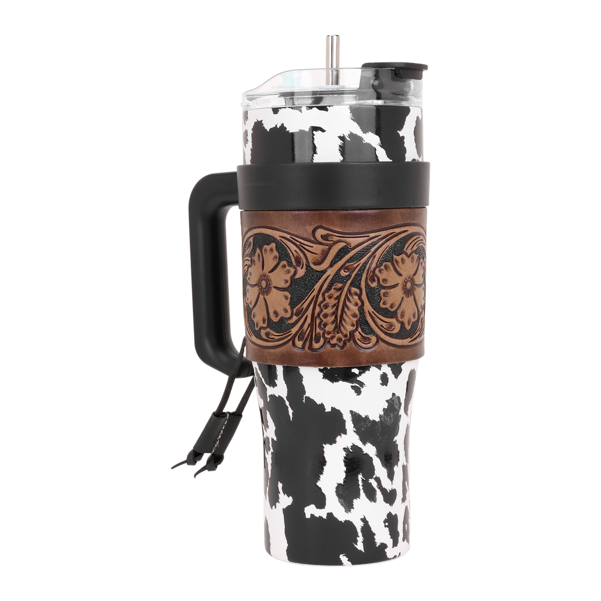 Myra Wide Wyoming Tumbler in black and white with cowhide print and tooled leather design for everyday use - Myra USA