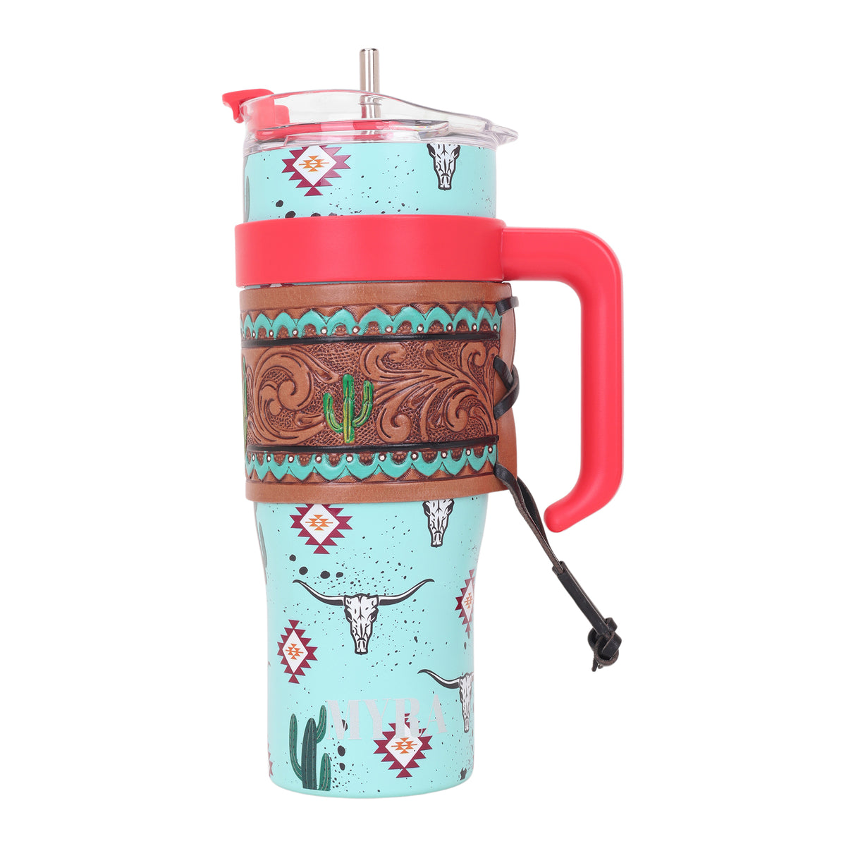 Myra Wide Wyoming Tumbler in sea blue with cowhide print and tooled leather design for everyday use - Myra USA