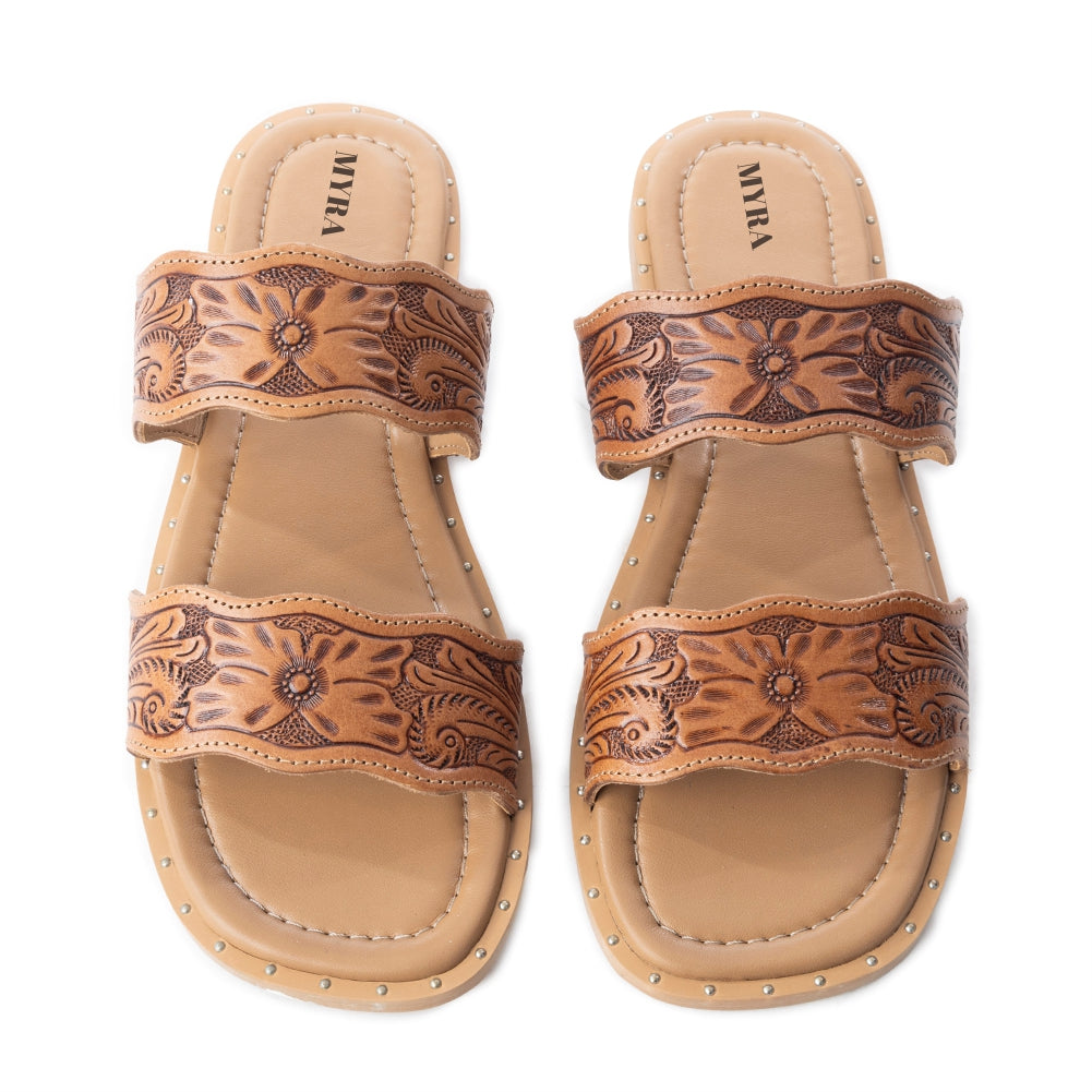 Myra Santa Fe Daisy Leather Sandals for Women - Handtooled Slides with Intricate Floral Design for Summer Comfort - Myra USA