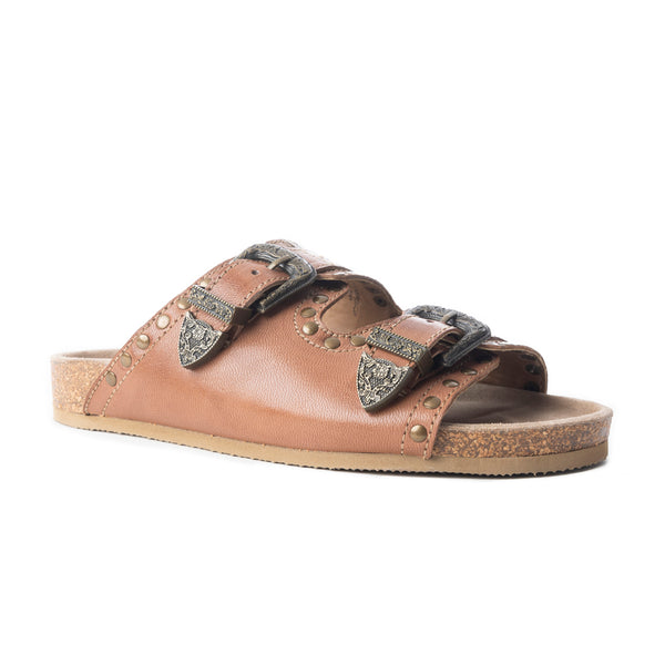 Myra Great Sonora Sunset Studded Leather Sandals for Women – Cork Sole, Antique Brass Dual Buckles for All-Day Comfort - Myra USA