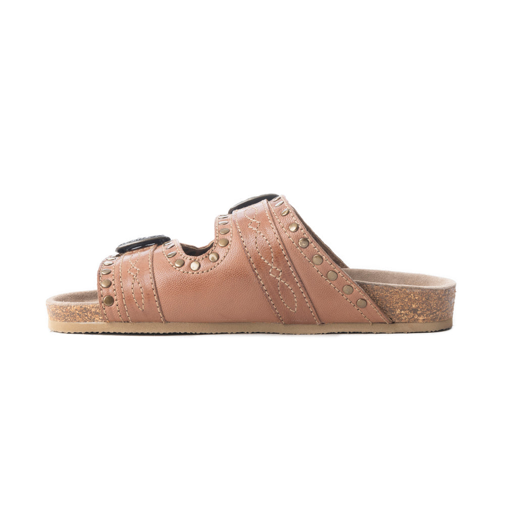 Myra Great Sonora Sunset Studded Leather Sandals for Women – Cork Sole, Antique Brass Dual Buckles for All-Day Comfort - Myra USA