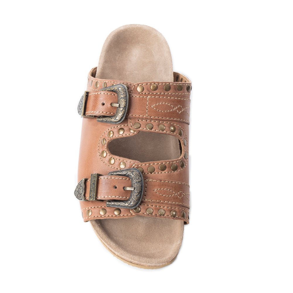 Myra Great Sonora Sunset Studded Leather Sandals for Women – Cork Sole, Antique Brass Dual Buckles for All-Day Comfort - Myra USA