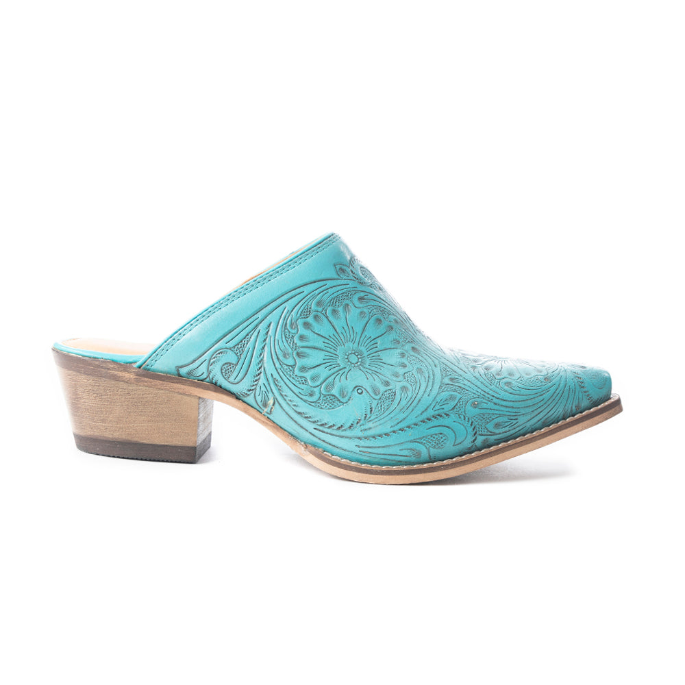 Valeria Hand-tooled Mules In Turquoise | Myra USA