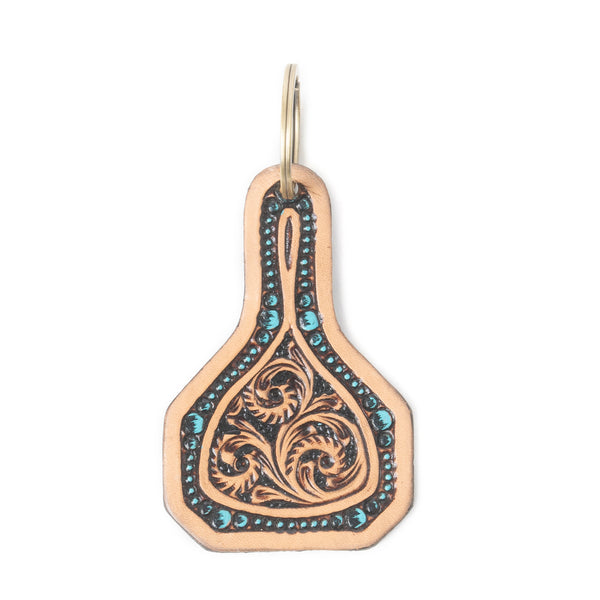 Meadow Drop Tooled Leather Key Fob in Vintage Brown - Myra USA