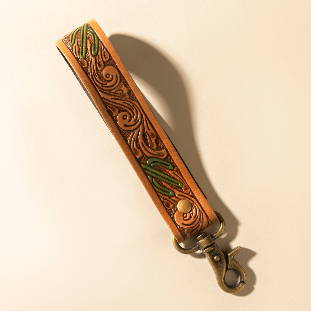 Myra Canyon Pass Handtooled Leather Key Fob in Butterscotch Oak - Myra USA