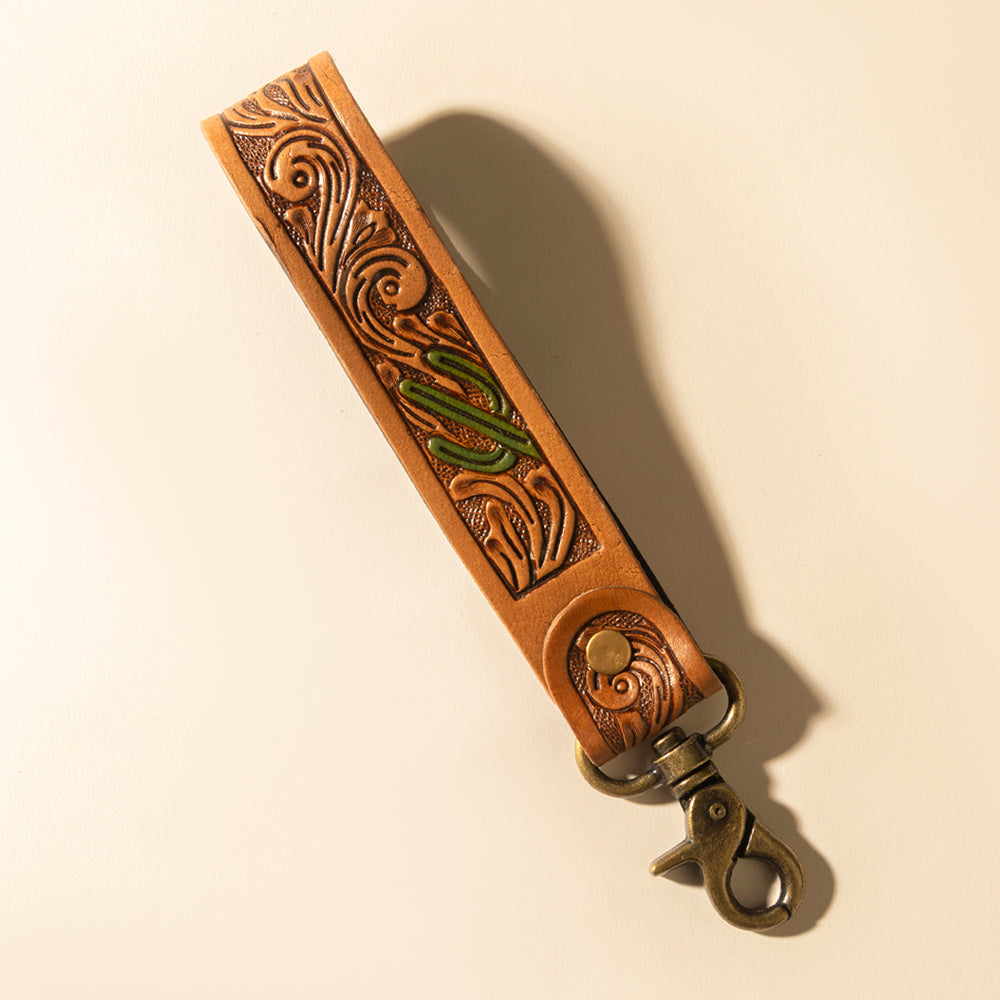 Myra Canyon Pass Handtooled Leather Key Fob in Butterscotch Oak - Myra USA