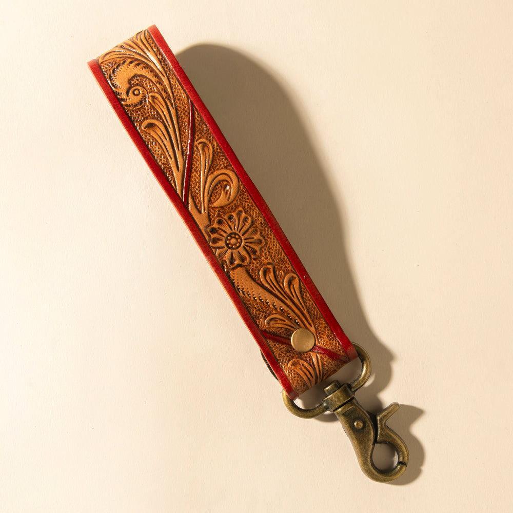 Myra Canyon Pass Handtooled Leather Key Fob in Terracotta Saddle - Myra USA