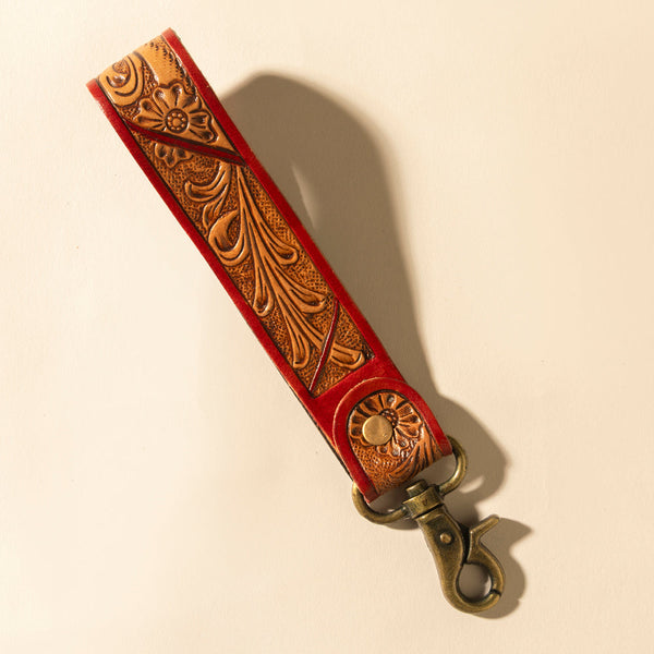 Myra Canyon Pass Handtooled Leather Key Fob in Terracotta Saddle - Myra USA