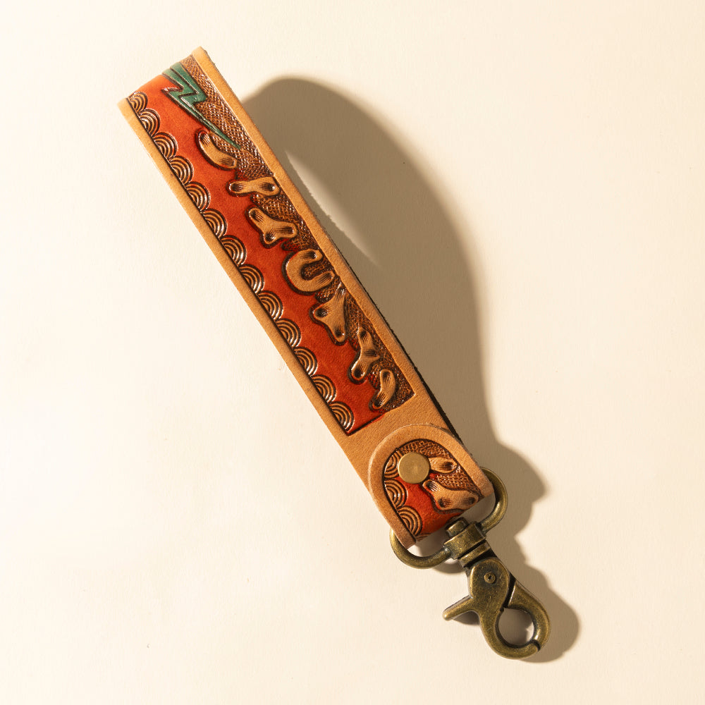 Myra Canyon Pass Handtooled Leather Key Fob in Amber - Myra USA