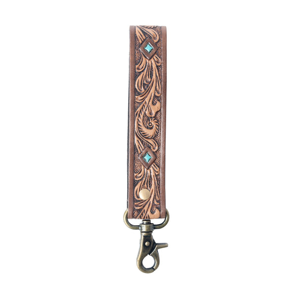 Myra Spirit Stone Handtooled Leather Keyfob in Mahogany Brown - Myra USA