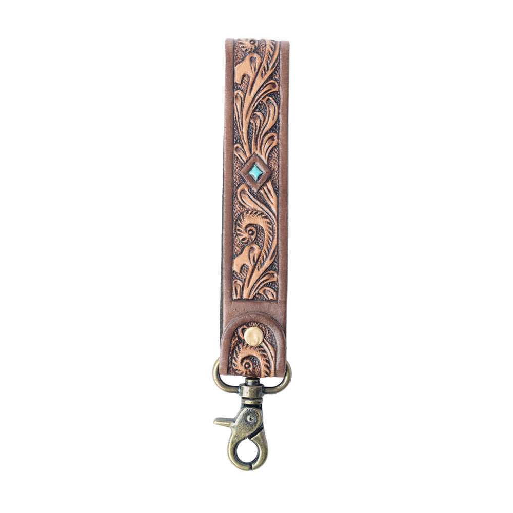 Myra Spirit Stone Handtooled Leather Keyfob in Mahogany Brown - Myra USA
