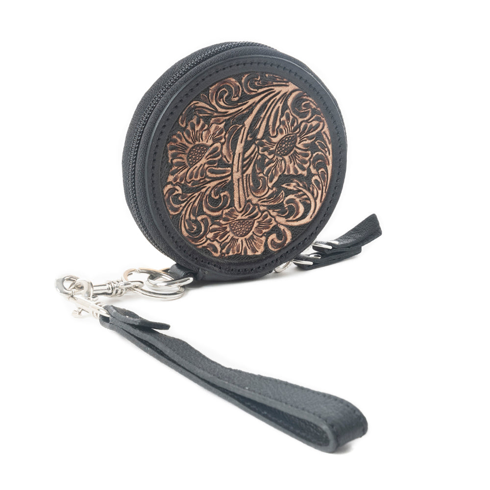 Botanic Bliss Handtooled Leather Coin Pouch in Golden Tan - Myra USA