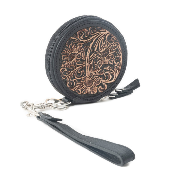 Botanic Bliss Handtooled Leather Coin Pouch in Golden Tan - Myra USA