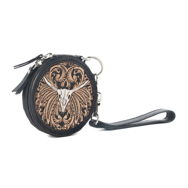 Rustler's Relic Handtooled Leather Coin Pouch in Amber Tan - Myra USA