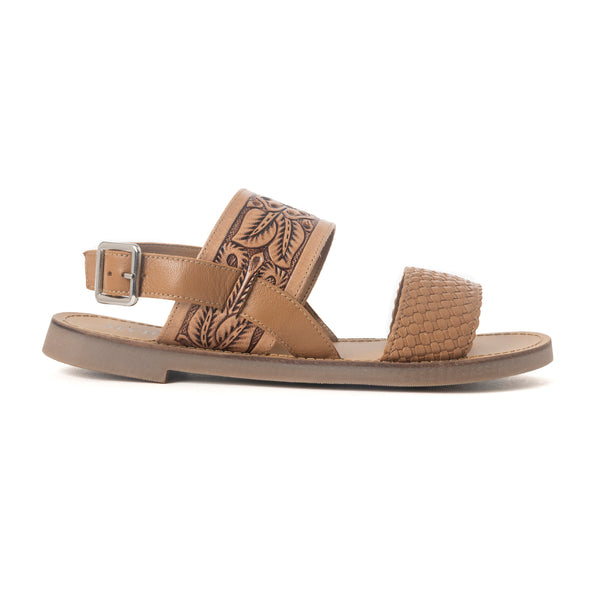 Pinehorn Handtooled Leather Sandals in Oak Brown - Myra USA