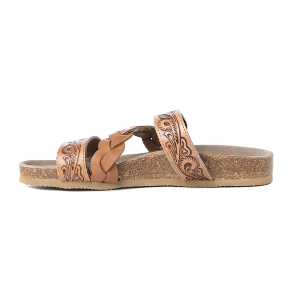 Dustbark Handtooled Leather Sandals in Rustic Tan - Myra USA