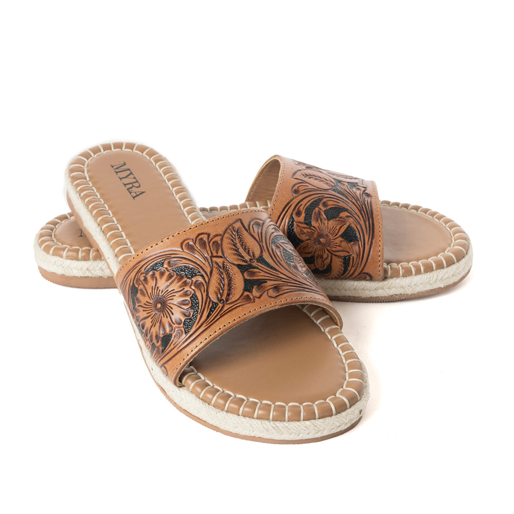 Dustlily Trail Handtooled Sandals in Rawhide Tan