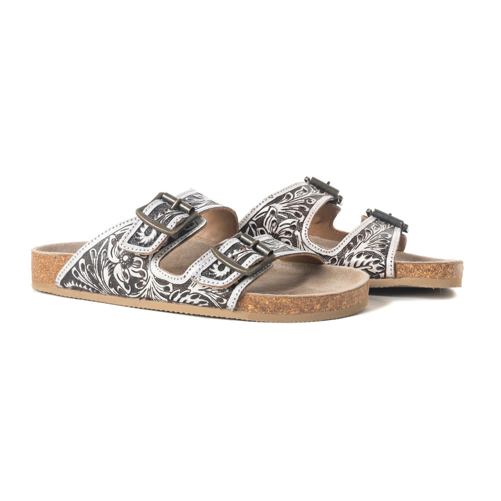 Mesa Scroll Handtooled Sandals in Black & White