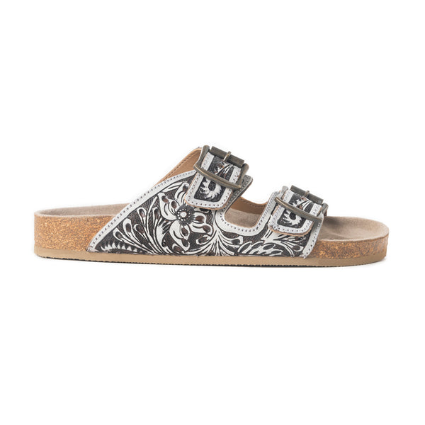 Mesa Scroll Handtooled Sandals in Black & White - Myra USA