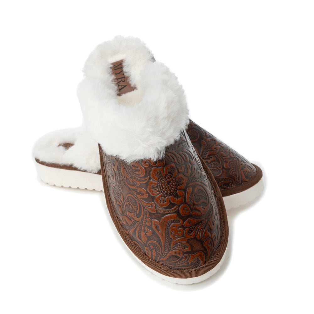 Snowdrift Embossed Leather Slippers in Dark Brown