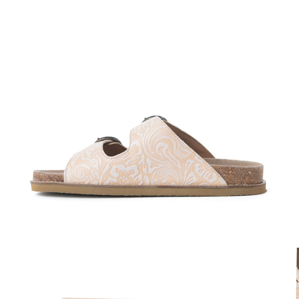Myra Desert Lily Embossed Leather Sandals in Antique White - Myra USA