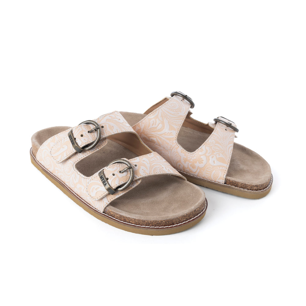 Myra Desert Lily Embossed Leather Sandals in Antique White - Myra USA