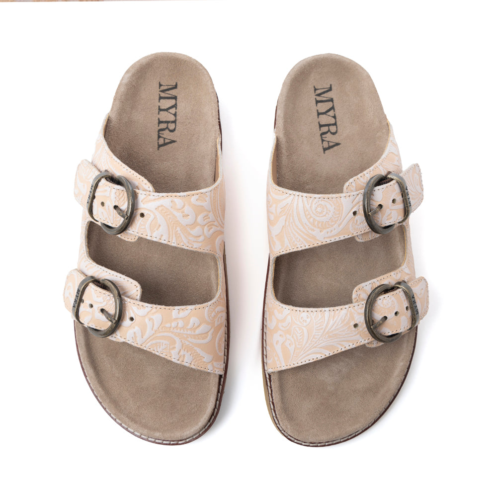 Myra Desert Lily Embossed Leather Sandals in Antique White - Myra USA