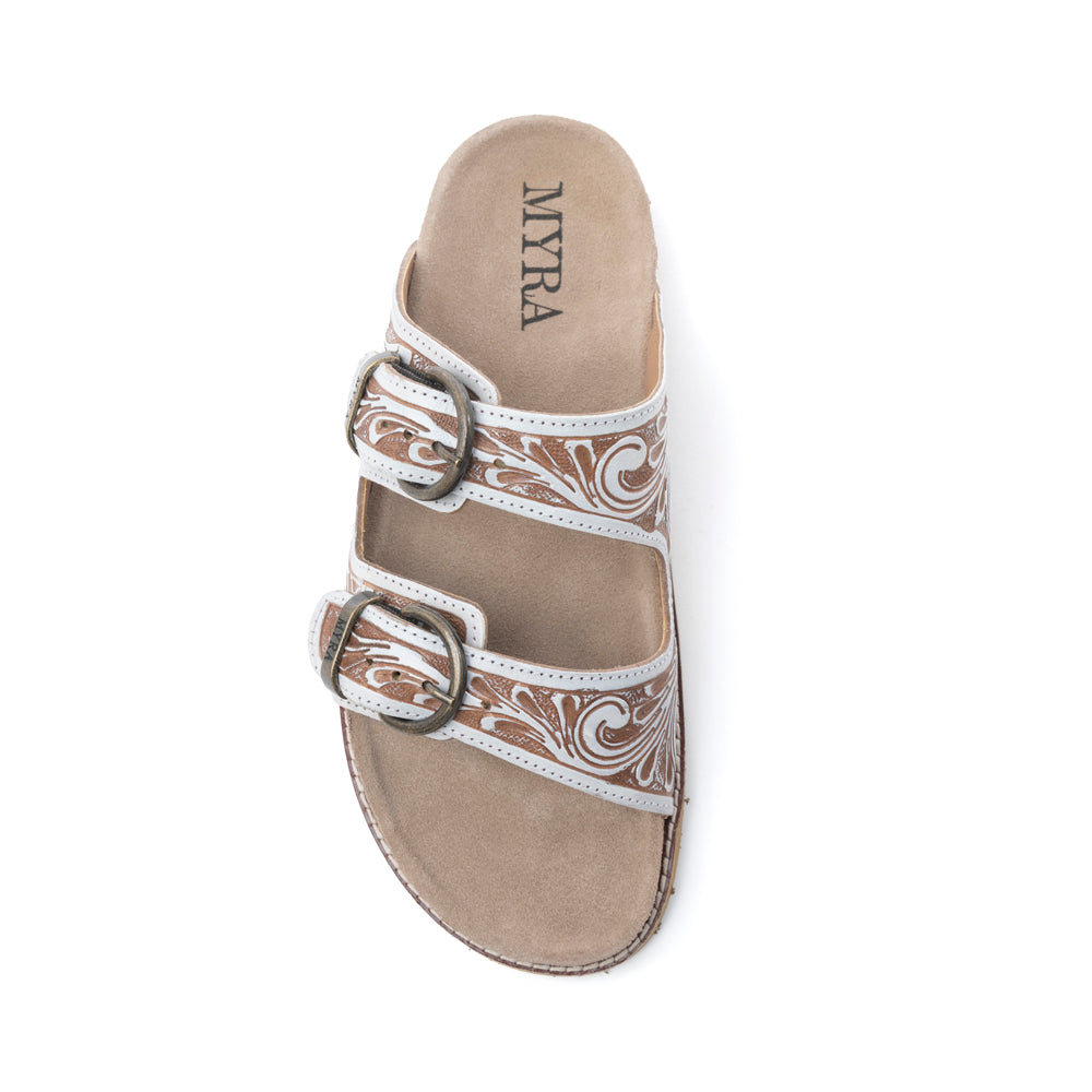 Myra Marlowe Western Handtooled Leather Sandals in Ivory Bloom - Myra USA