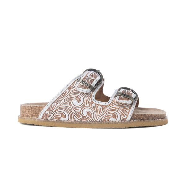 Myra Marlowe Western Handtooled Leather Sandals in Ivory Bloom - Myra USA