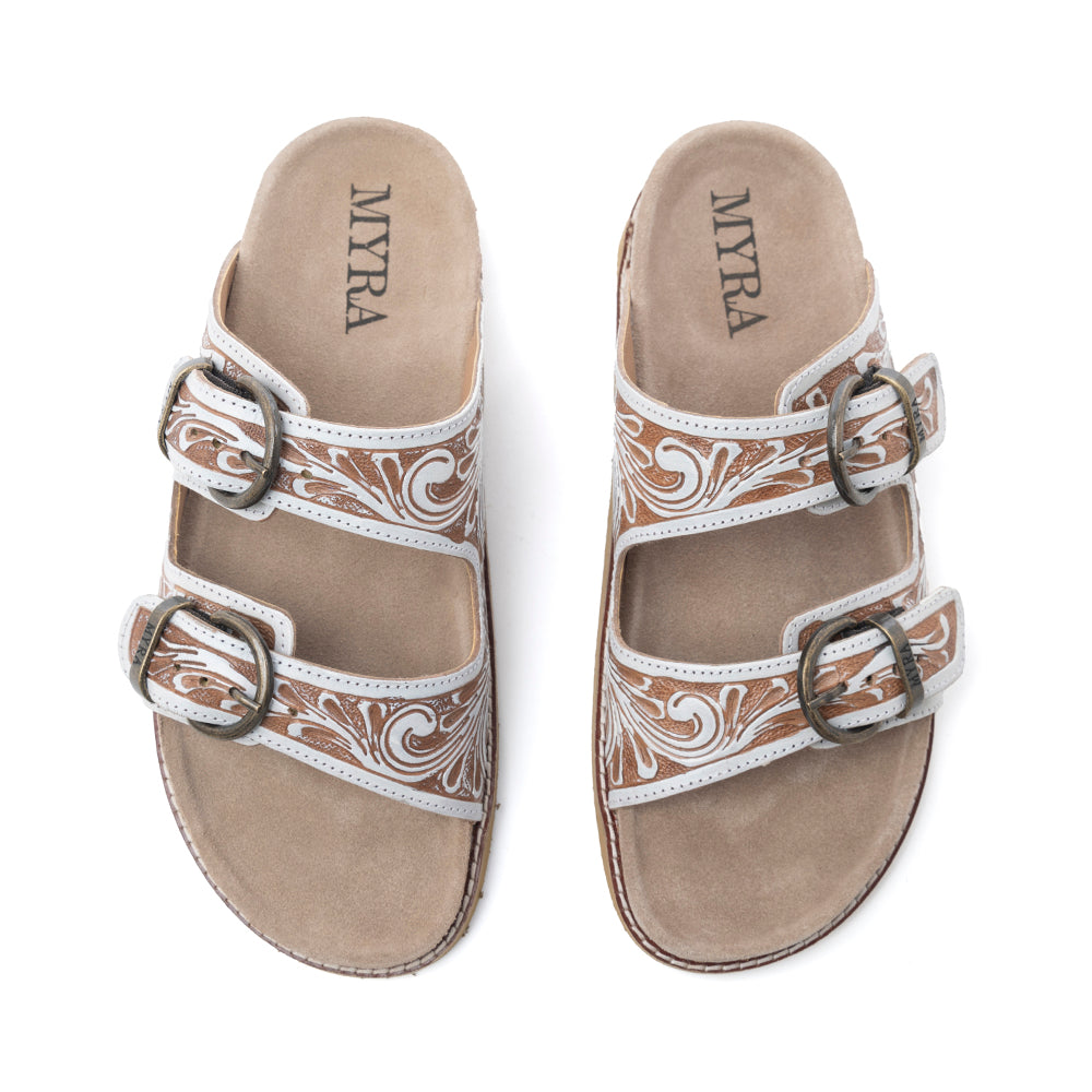 Myra Marlowe Western Handtooled Leather Sandals in Ivory Bloom - Myra USA
