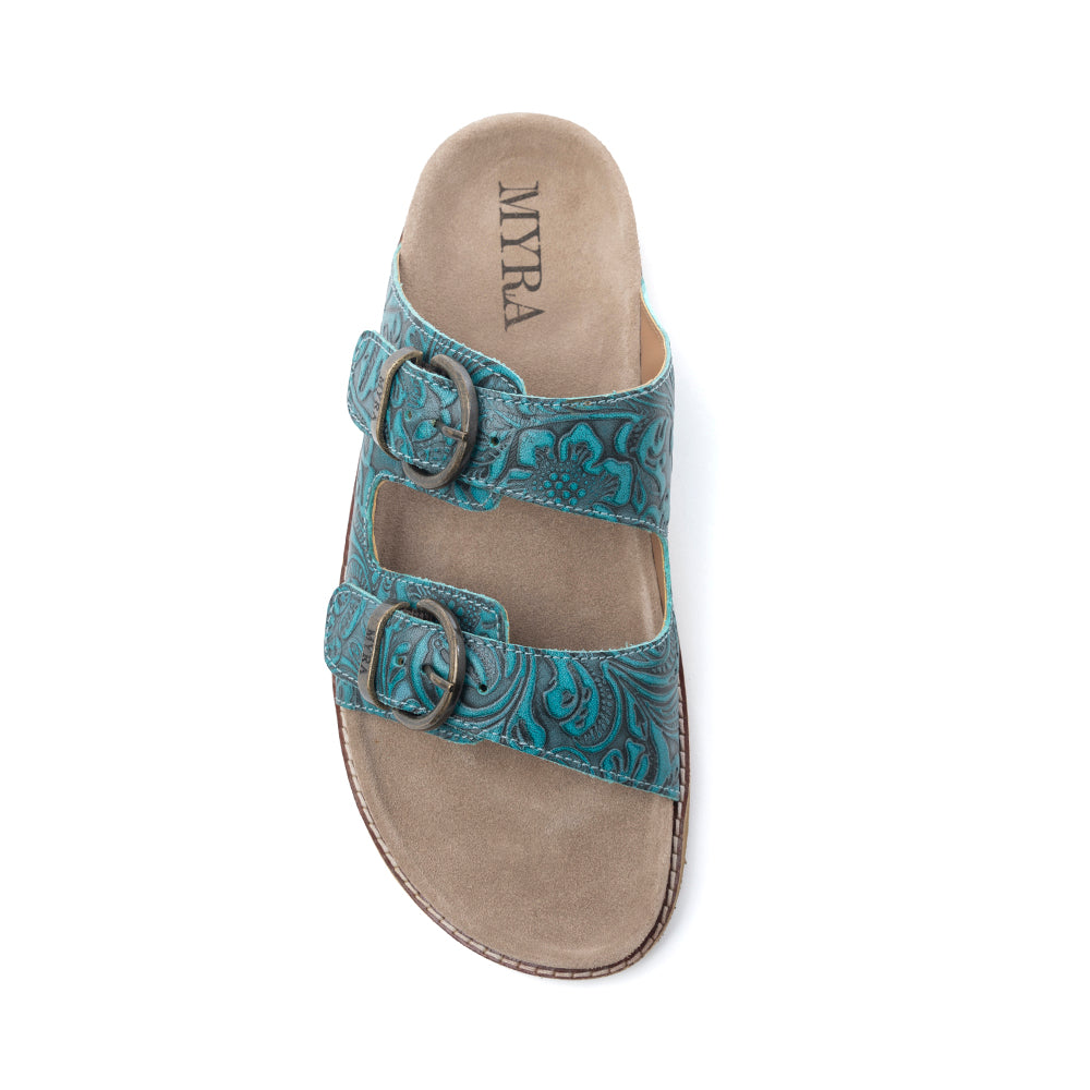 Myra Prairie Wind Embossed Leather Sandals in Western Jade - Myra USA