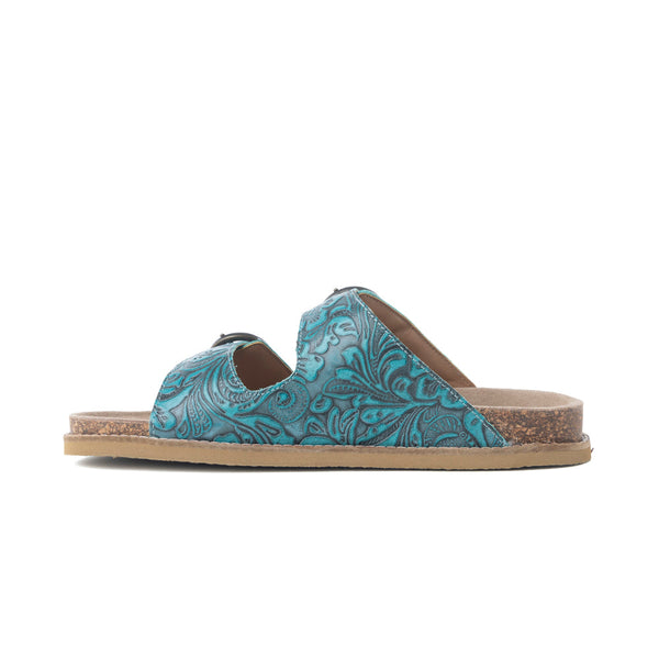 Myra Prairie Wind Embossed Leather Sandals in Western Jade - Myra USA