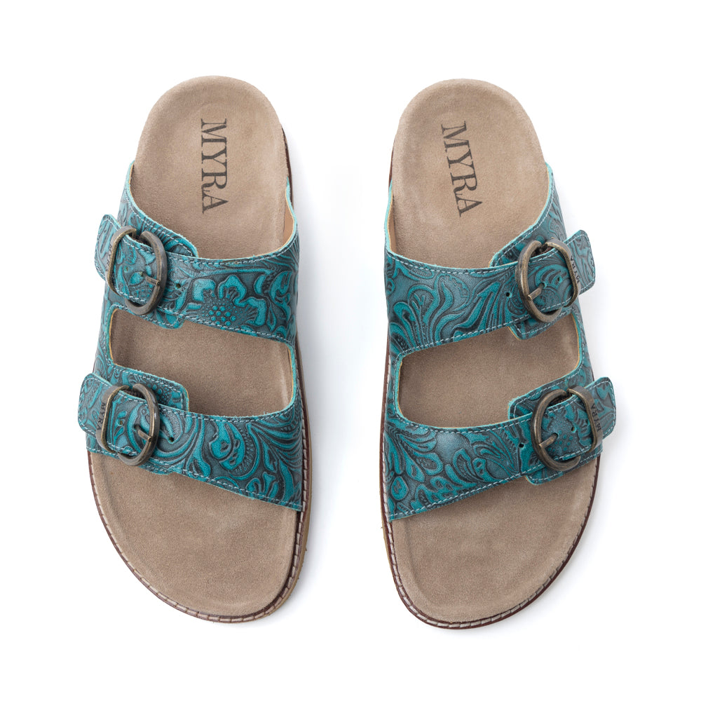 Myra Prairie Wind Embossed Leather Sandals in Western Jade - Myra USA