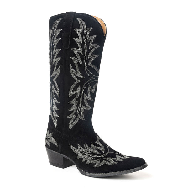 Midnight Trail Embroidered Leather Boots in Shadow Black - Myra USA