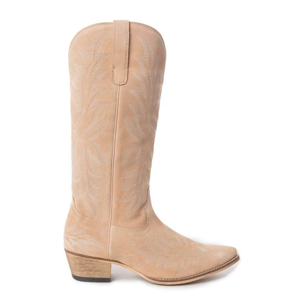 Midnight Trail Embroidered Leather Boots in Shadow Beige
