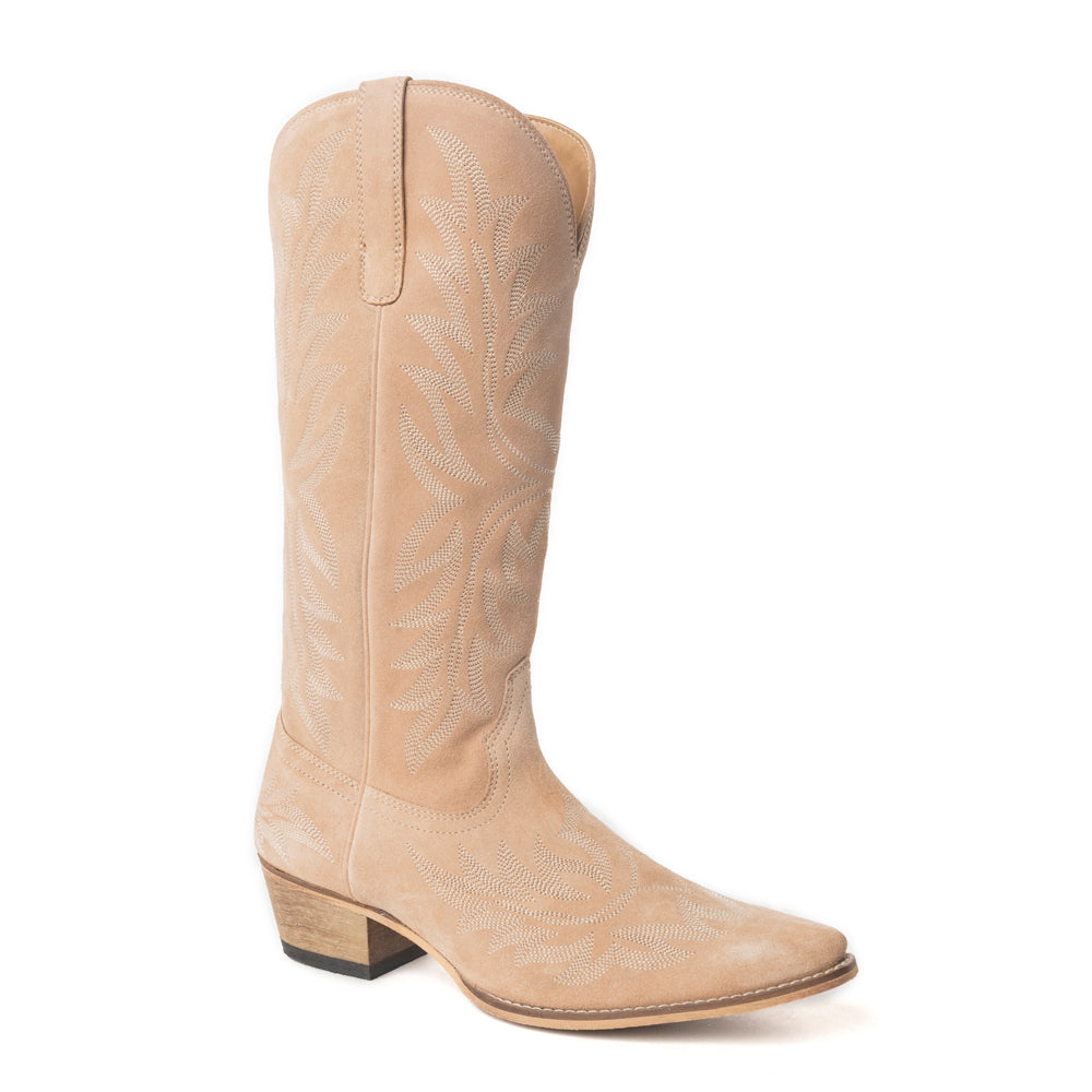 Midnight Trail Embroidered Leather Boots in Shadow Beige
