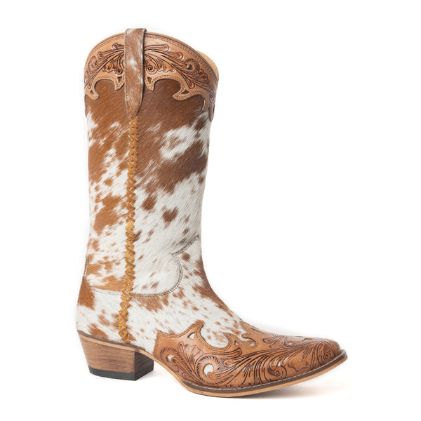 Dakota Dust Handtooled Boots in Tan & White - Myra USA